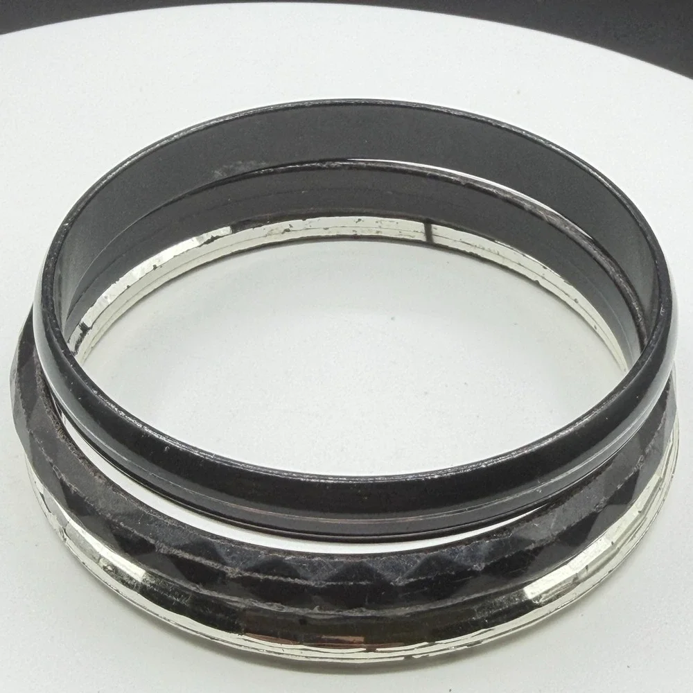 Black Silver Tone Bangle Bracelet Set of 3 Faceted Stackable Chunky Gothic Y2K